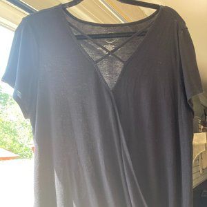 Maurices 24/7 short sleeve black criss-cross front shirt